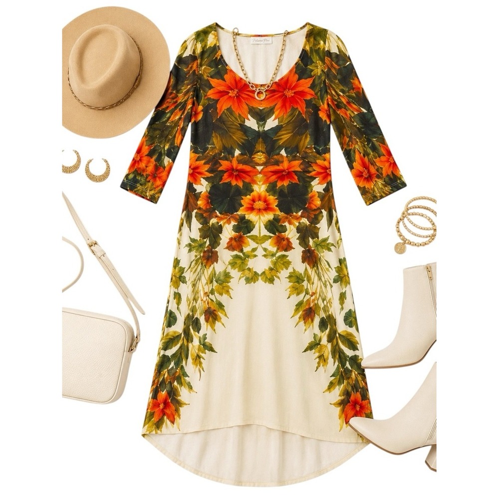 Poliana Plus XL Tropical Floral High Low Midi Dress Colorful Boho Vacation Style